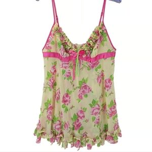 Y2K Betsey Johnson Yellow with Pink Roses  Babydoll Lingerie